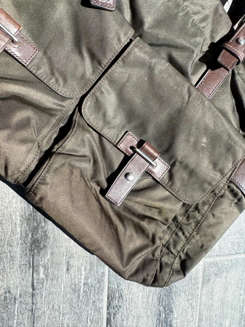 TUMI Men's Olive Canvas Weekender Bag with Brown Leather Trim